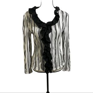 Samuel Dong zipper front ruffle pleated black and white cardigan blouse Small